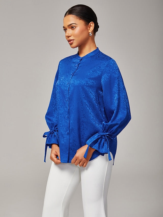 Women's Royal Blue Satin Shirt Subtle Jacquard Lustrous
