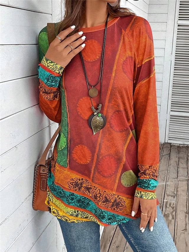 Women's T shirt Long Sleeve Vintage Ethnic Casual Print