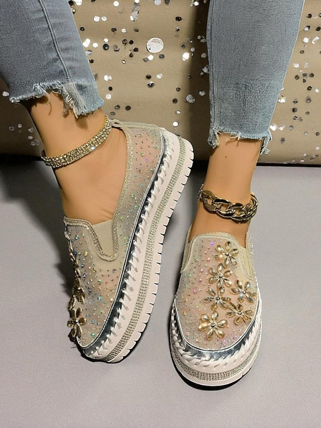 Embellished Sneakers Slip-On with Women's Mesh Rhinestone