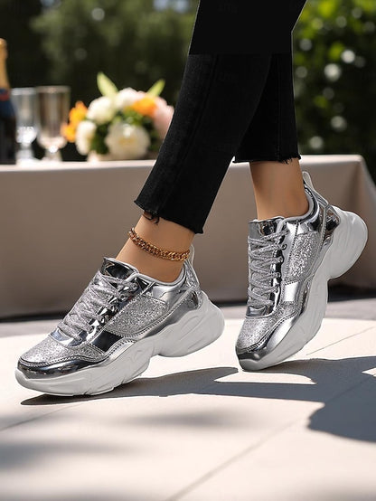 with Platform Sneakers Metallic Women's Glitter Chunky