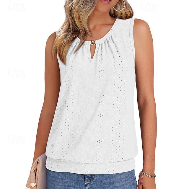 Women's Tank Top Sleeveless Shirt Tee Top Eyelet Solid