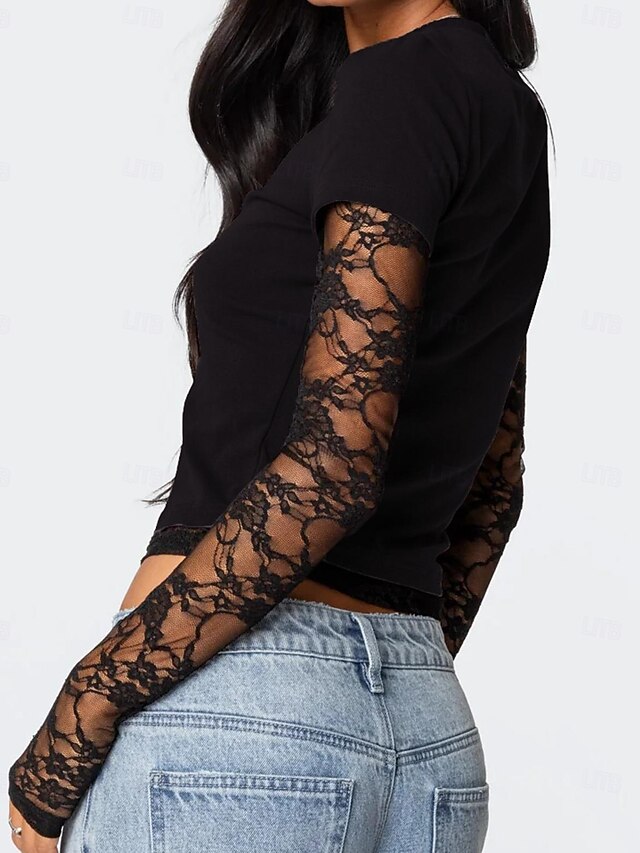 Women's T Shirt Lace Splicing Top Y2K Tunic Mesh Fake two