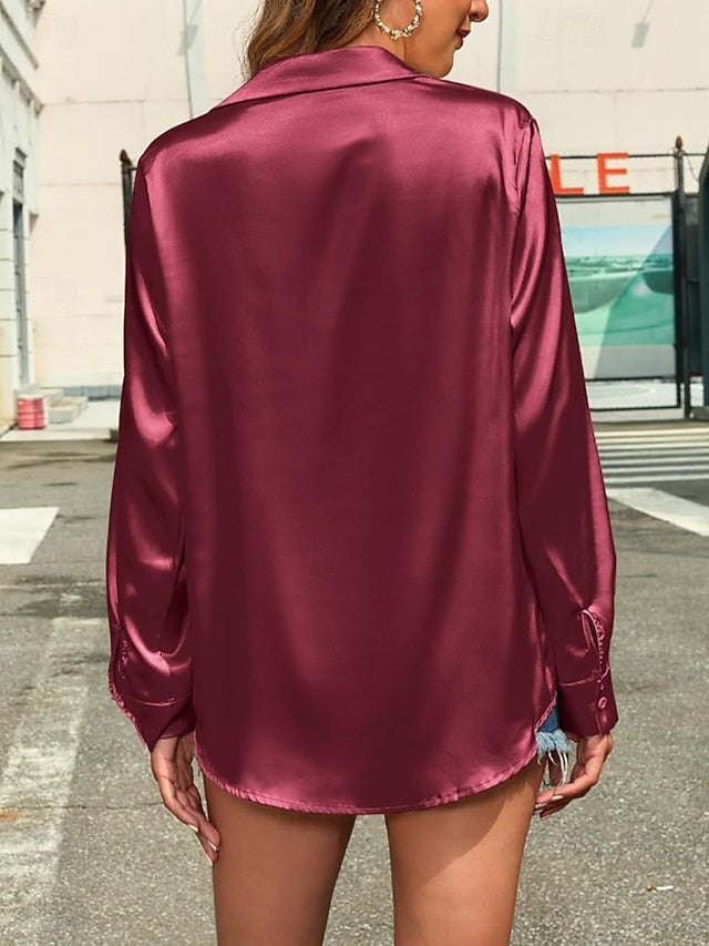 Women's Shirt Elegant Satin Top Blouse Buttons Plain