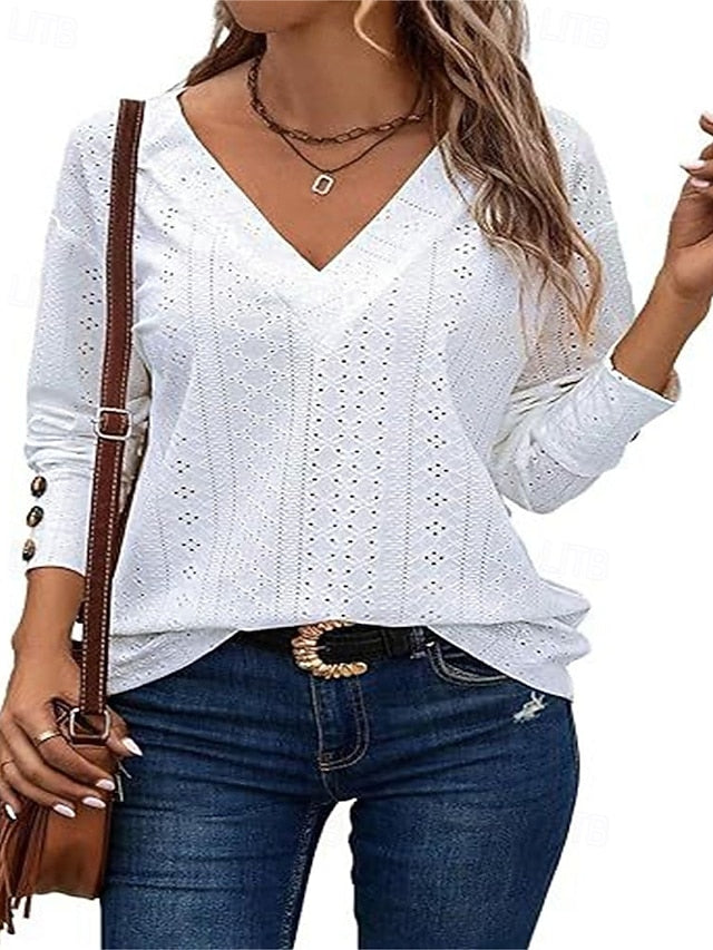 Women's T Shirt Lace Patchwork Eyelet Solid Color Elegant
