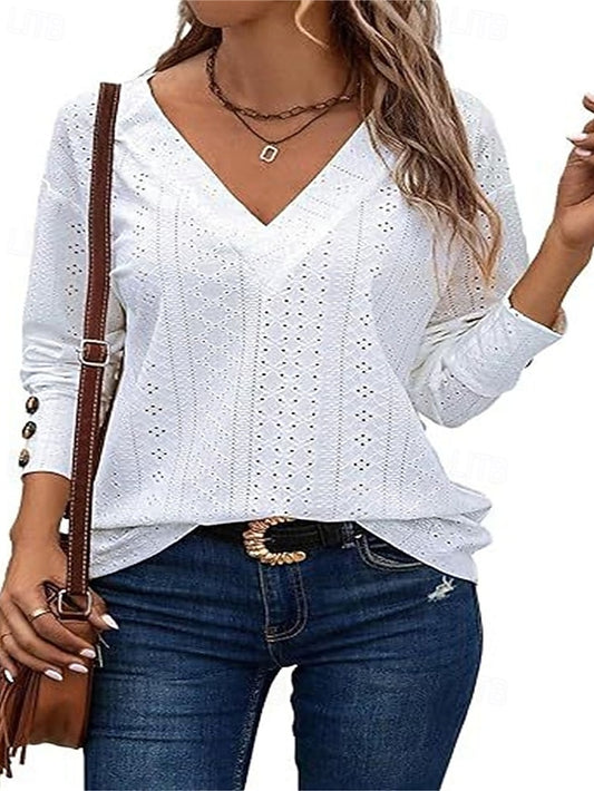 Women's T Shirt Lace Patchwork Eyelet Solid Color Elegant