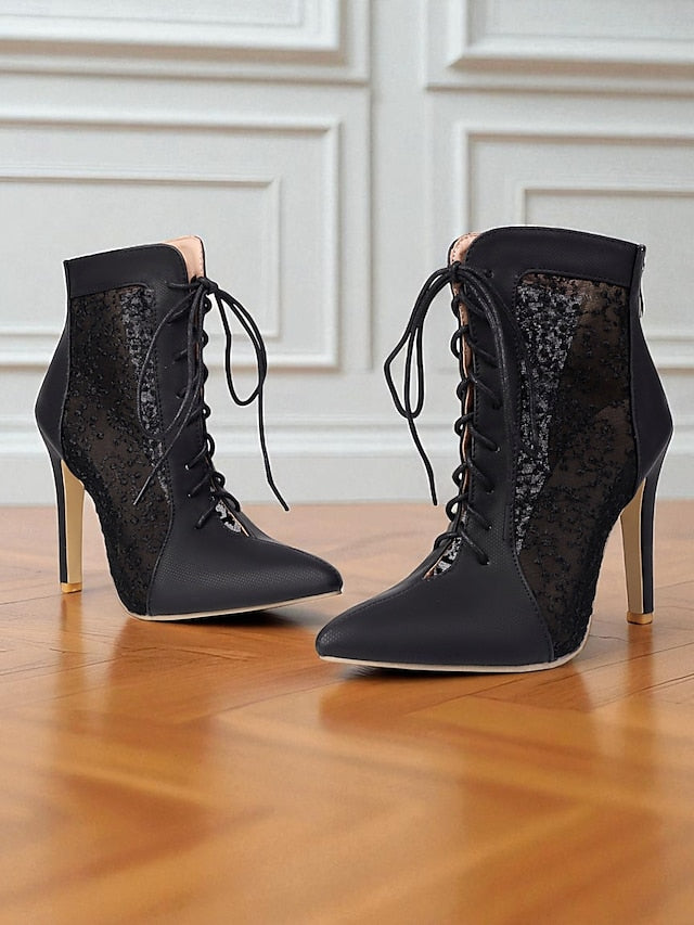 Women's Ankle White Booties Lace with Mesh Stiletto Heels