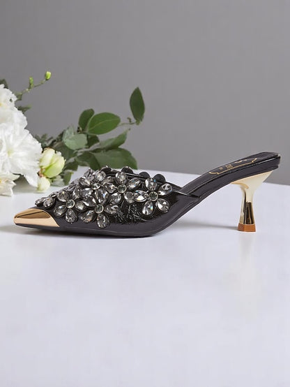 – Mules Women's Embellished Black Rhinestone Pointed-Toe