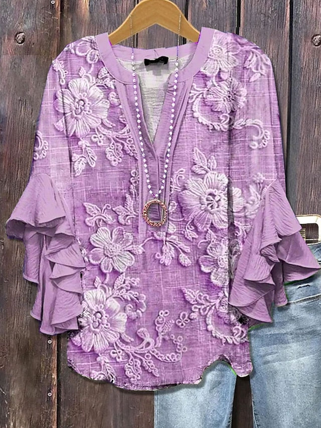Women's Retro Blouse Layered Ruffle Sleeve Tops 3D Print