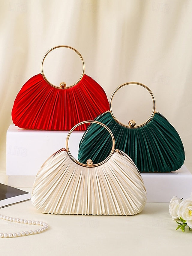 Gold Clutch Velvet Handle with Pleated - Elegant Ring Green