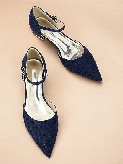 Women's Ankle Strap Navy Blue with Pointed and Lace Flats