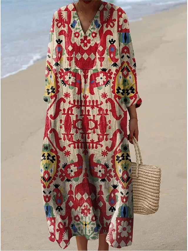 Women's Midi Dress V Neck Long Sleeve Kaftan Lightweight