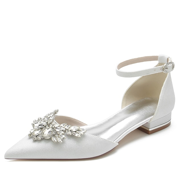 Rhinestone Satin with White Design Flats – Floral Women's
