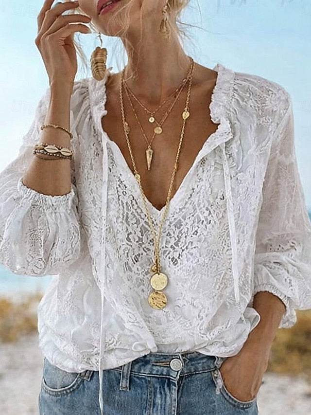 Women's Blouse Tie Front Lace Solid Color Stylish Casual