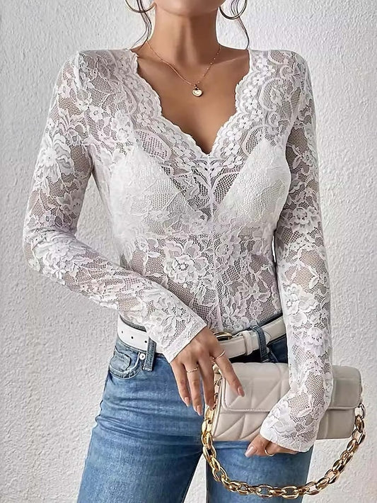 Women's Lace Splicing Top Lace Sexy Long Sleeve V Neck