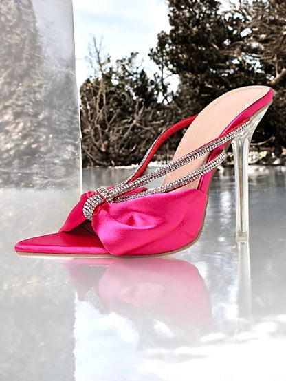 Heeled Rhinestone Sandals Bow Satin Women's – Hot Pink