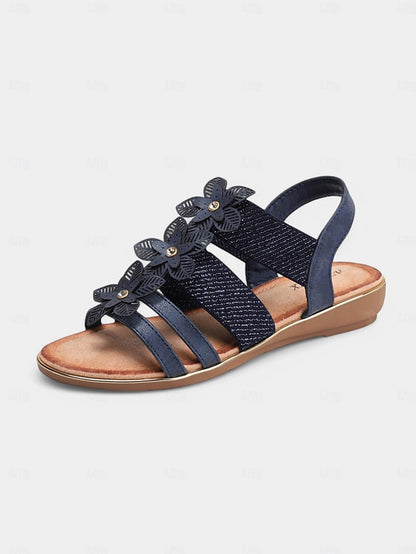 Floral Rhinestone Sandals Flat Women's Beige – Elegant