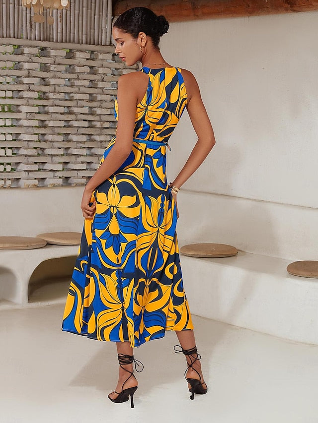Satin Leaves Sleeveless Maxi Dress (No Belt)
