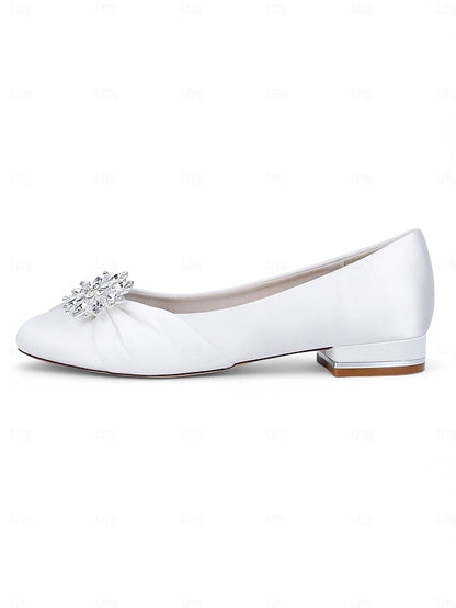 White Wedding Satin Flats – Elegant Crystal Women's