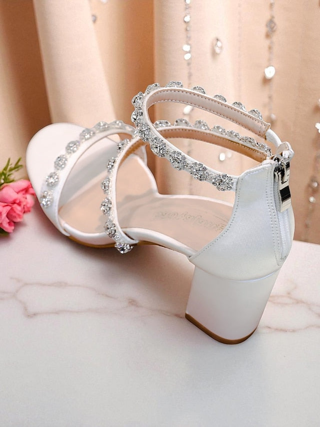 Open Women's Block Heel Elegant Rhinestone - Sandals White