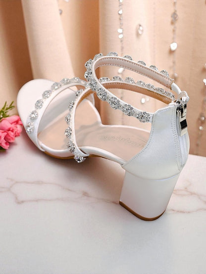 Open Women's Block Heel Elegant Rhinestone - Sandals White