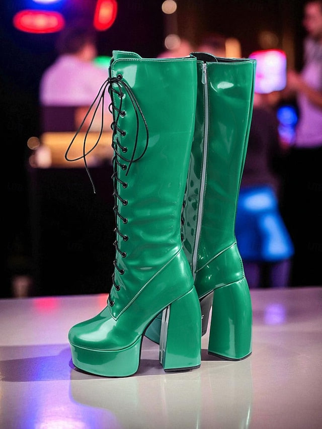 Platform Metallic High Knee Women's Silver Lace-Up - Boots