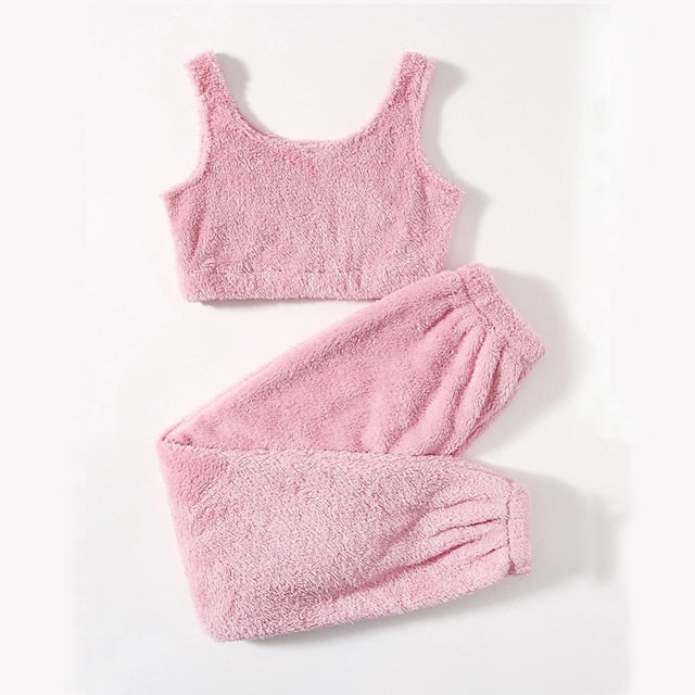Solid Fuzzy Lounge Set Warm Tank Crop Top & Elastic