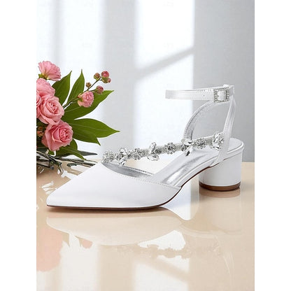 Block Pumps Heel Purple with Satin Rhinestone Women's