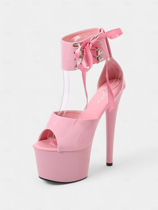 Straps Black Patent Leather Lace-Up Sandals Ankle Platform with