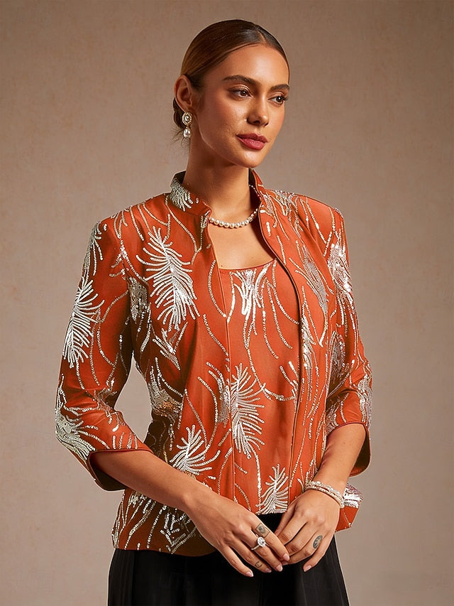 Women's Sequin Tops Twinset Sequins Feather Elegant 3/4