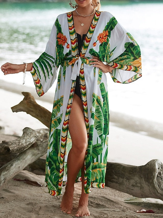 Women's Swimwear Cover Up Swimsuit Tie Front Tropical Beach