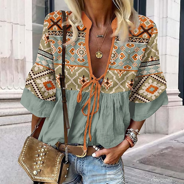 Women's Shirt Lace Shirt Blouse Ethnic Lace up Print 3/4
