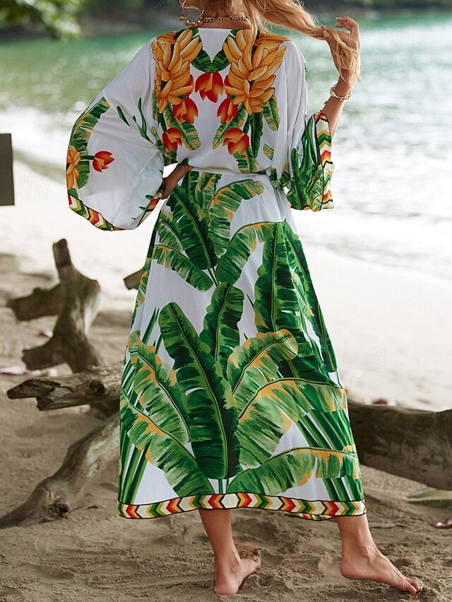 Women's Swimwear Cover Up Swimsuit Tie Front Tropical Beach