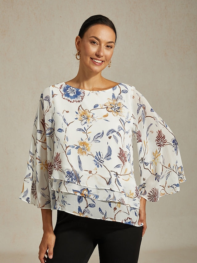 Women's Blouse Floral Print Layered Bell Sleeves Loose Fit