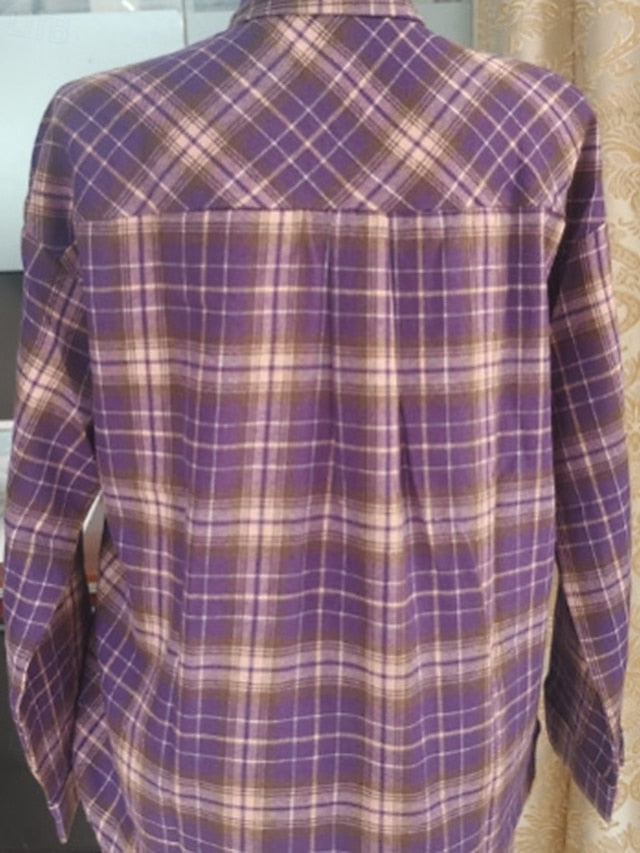 Women's Shirt Pocket Buttons Plaid Elegant Bohemia Vintage