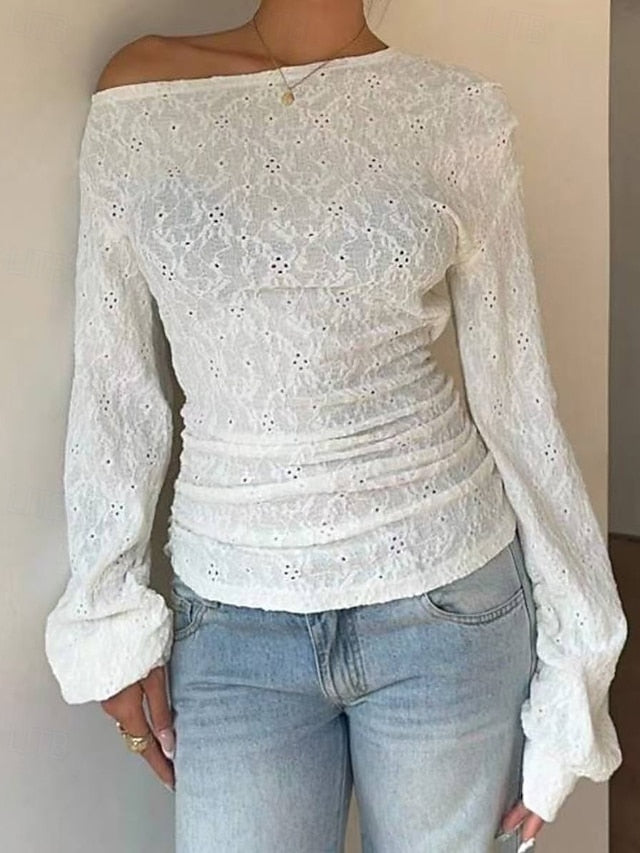 Women's T Shirt Lace Splicing Top Lace Plain Casual Long