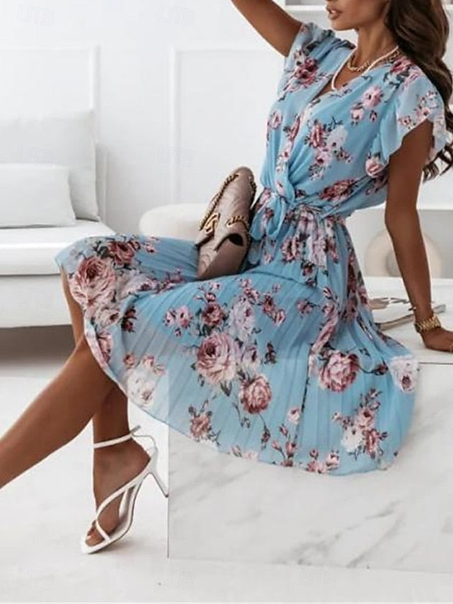 Women's Casual Dress Floral Print V Neck Mini Dress Stylish