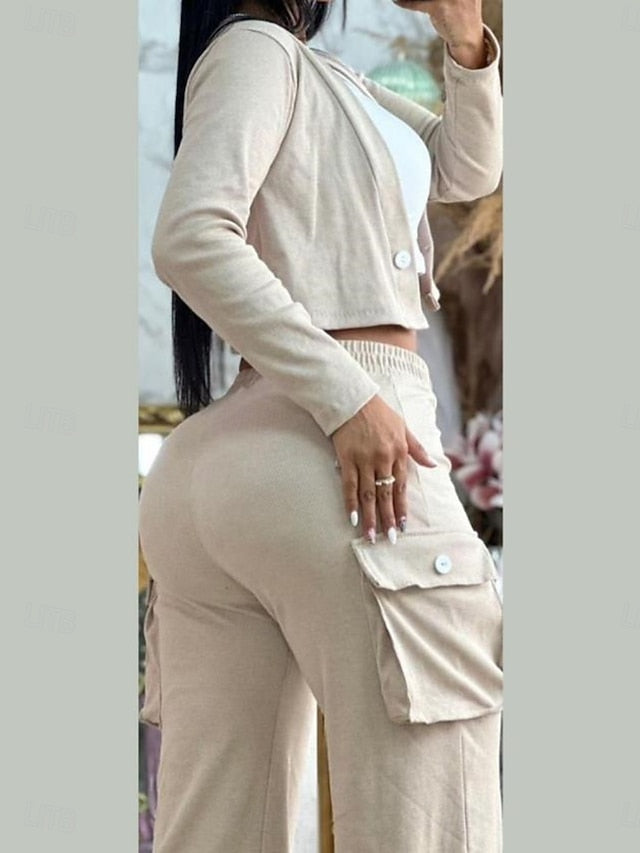 Women's Pants Sets Long Sleeve V Neck Solid Color