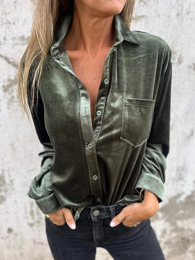 Women's Dress Shirt Button Up Shirt Blouse Velvet Blouse