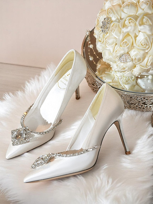 White Women's Heels Toe with Wedding Crystal Pointed Satin
