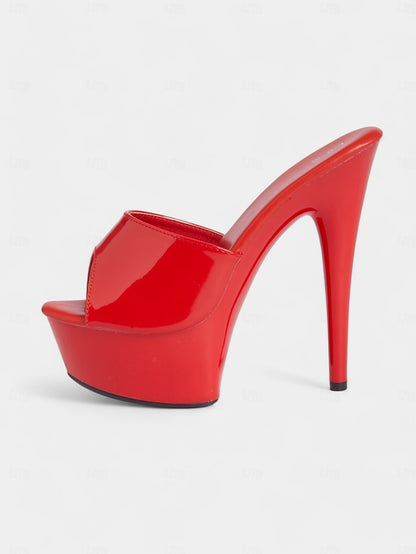 High with Patent Red Platform Heels Leather Women's