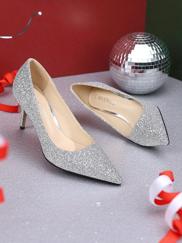Gold Women's Pointed-Toe Pumps - Sparkly Glitter Stiletto