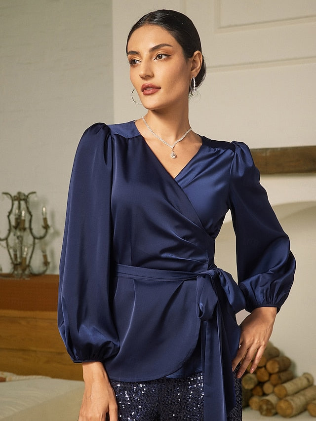 Satin Solid Casual Juliet Sleeve Tie Front Blouse