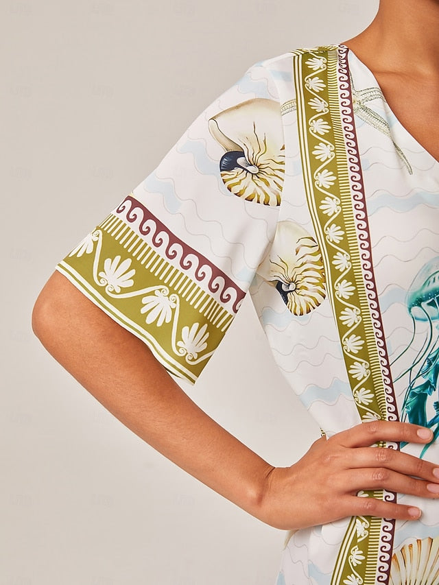 Resort-Style Ocean Print Straight-Cut Dress