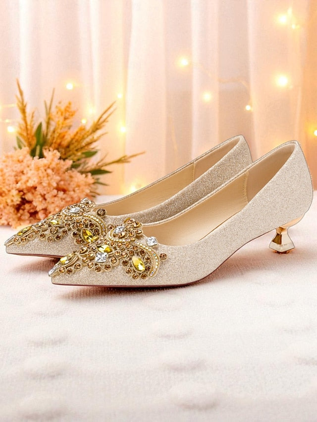 Glitter Pumps Heel Pointed-Toe Gold Low with Women's