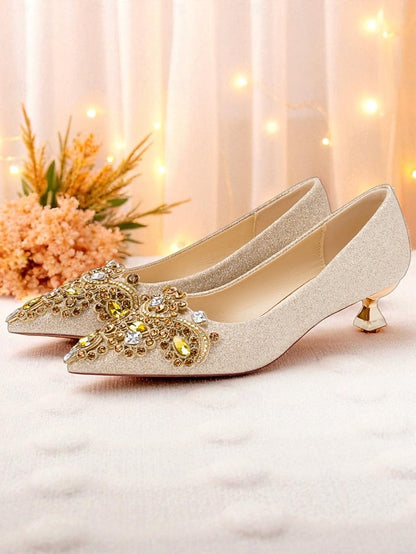 Glitter Pumps Heel Pointed-Toe Gold Low with Women's