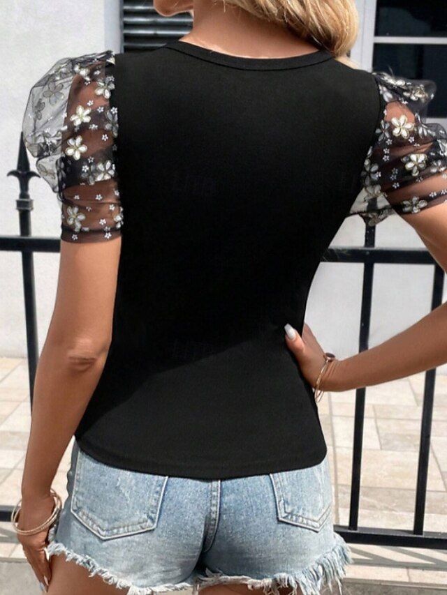 Tee Plain Women's Top T Mesh Shirt Patchwork Vintage