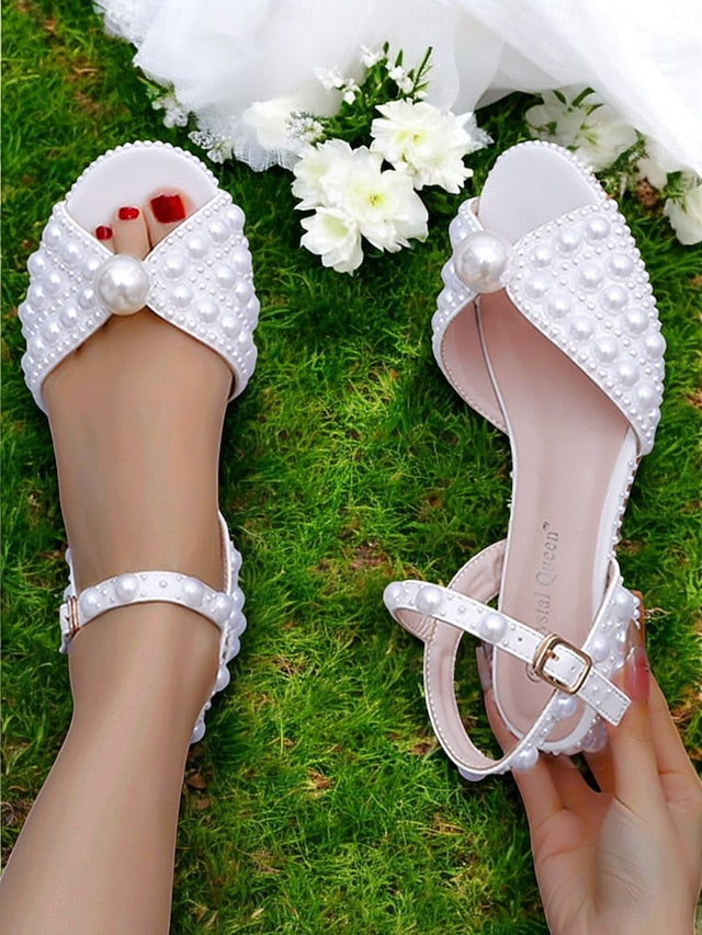 Low White Heel – Pearl-Embellished Sandals Women's