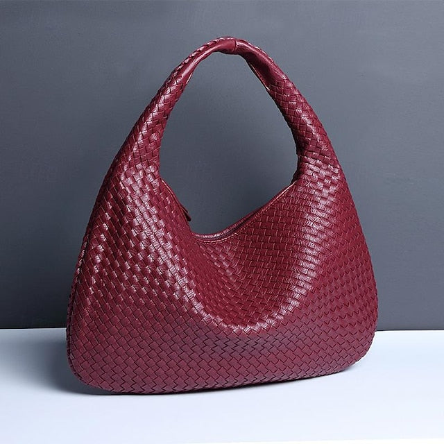 Woven Bag Faux – Burgundy Leather Hobo Women's Chic
