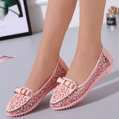 - Flats Bow and Details Pink Floral Lace with Women's