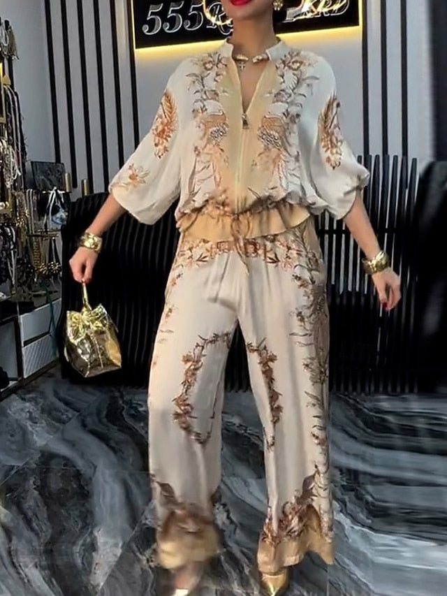 Women's Blouse Pants Sets Long Sleeve Stand Collar Floral